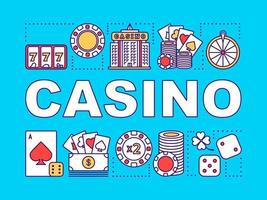 banner di concetti di parola di casinò. gioco d'azzardo. giochi d'azzardo. roulette, poker, slot machine. presentazione, sito web. idea di tipografia scritta isolata con icone lineari. illustrazione di contorno vettoriale