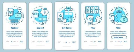 schermata della pagina dell'app mobile di onboarding del casinò online con concetti lineari. registrati, deposita, ottieni bonus, gioca e vinci. procedura dettagliata istruzioni grafiche. ux, ui, gui modello vettoriale con illustrazioni