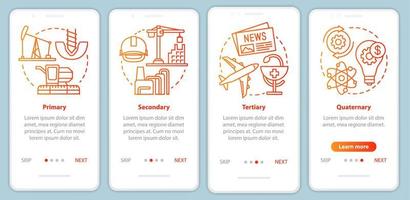 modello di vettore dello schermo della pagina dell'app mobile di onboarding rosso del processo di produzione. primario, secondario, terziario. procedura dettagliata passaggi del sito Web con icone lineari. ux, ui, gui concetto di interfaccia per smartphone