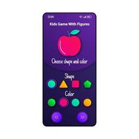 bambini figure gioco modello di vettore interfaccia smartphone. layout di progettazione viola della pagina dell'app mobile. schermo di apprendimento di colori e forme. interfaccia utente piatta per l'applicazione. display del telefono di conoscenza elementare