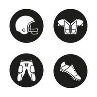 set di icone dell'uniforme del giocatore di football americano. casco, spallina, scarpa, pantaloncini. illustrazioni vettoriali di sagome bianche in cerchi neri