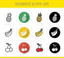 set di icone di frutta. design piatto, stili lineari, neri e a colori. ananas, fascio di banane, ciliegie. illustrazioni vettoriali isolate