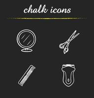 set di icone di gesso accessori da barbiere. specchio da tavolo, forbici, pettine, rasoio elettrico. illustrazioni di lavagna vettoriali isolate