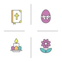 set di icone di colore di Pasqua. Sacra Bibbia, uovo di Pasqua con fiocco e nastro, viola, uova e candela sul piatto. illustrazioni vettoriali isolate