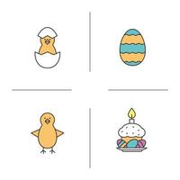 set di icone di colore di Pasqua. polli appena nati, uova di Pasqua, torta e candela. illustrazioni vettoriali isolate
