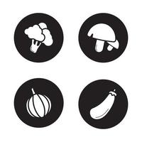 set di icone di verdure. broccoli, funghi, aglio, melanzane. illustrazioni vettoriali di sagome bianche in cerchi neri