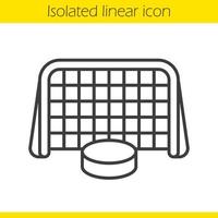 porta di hockey su ghiaccio e icona lineare del disco. illustrazione di linea sottile. simbolo del contorno della porta di hockey. disegno vettoriale isolato contorno