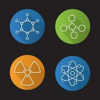 chimica e fisica. set di icone piatte lineari lunga ombra. atomo, molecola e simboli di cautela radioattivi. segno di radiazione. illustrazione della linea vettoriale