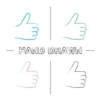 pollice in alto set di icone disegnate a mano. come il gesto della mano. approvazione. pennellata di colore. illustrazioni abbozzate vettoriali isolate