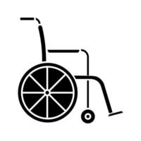 icona del glifo con sedia a rotelle. sedia invalida. sedia a rotelle. simbolo di sagoma. disabilità. attrezzature per disabili. aiuto alla mobilità. spazio negativo. illustrazione vettoriale isolato