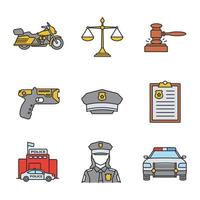 set di icone di colore della polizia. moto, bilancia della giustizia, martelletto, taser, cappello, rapporto, stazione di polizia, poliziotta, auto. illustrazioni vettoriali isolate