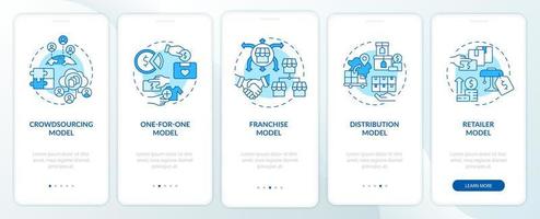 tipi di modello di business schermata blu della pagina dell'app mobile di onboarding. procedura dettagliata aziendale 5 passaggi istruzioni grafiche con concetti. ui, ux, gui modello vettoriale con illustrazioni a colori lineari