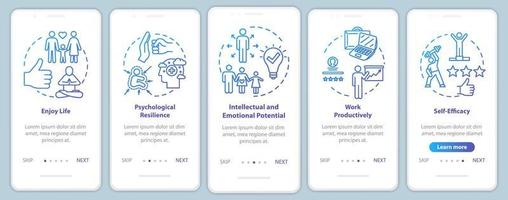 schermata della pagina dell'app mobile per l'onboarding della salute mentale con i concetti. percorso di benessere psicologico cinque passaggi istruzioni grafiche. goditi la vita. modello vettoriale dell'interfaccia utente con illustrazioni a colori rgb