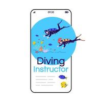 schermo dell'app di vettore dello smartphone del fumetto dell'istruttore di immersioni. turismo indonesiano. osservazione dei pesci di barriera. display del telefono cellulare con mockup di design a carattere piatto. interfaccia carina del telefono dell'applicazione