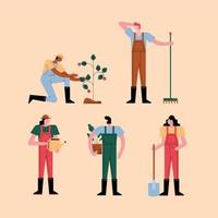 cinque personaggi lavoratori contadini vettore