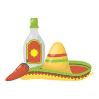 cappello messicano tradizionale con bottiglia di tequila e peperoncino vettore