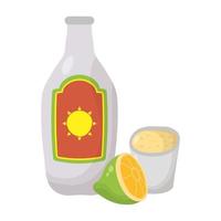 bottiglia e tazza di tequila messicana con limone vettore