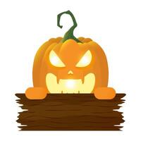 lampada zucca di halloween con faccia ed etichetta in legno vettore