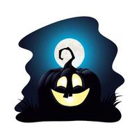 lampada zucca di halloween con personaggio viso di notte vettore