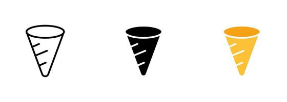 un' croccante, a forma di cono Pasticcino pieno con ghiaccio crema o altro dolce ripieni, comunemente conosciuto come un' cialda cono. impostato di icone nel linea, nero e colorato stili isolato. vettore