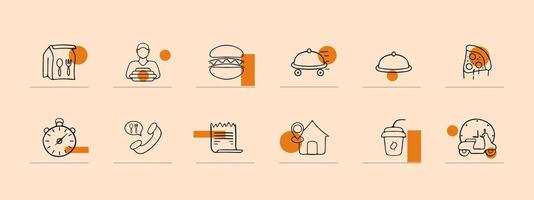 impostato di icone che rappresentano veloce cibo. hamburger, Pizza, patatine fritte, caldo cane, bibita, Sandwich. pastello colore sfondo. linea icona vettore