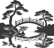 silhouette tradizionale giapponese giardino con ponte nero colore solo vettore