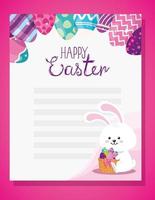 carta di buona pasqua con coniglio e uova decorate vettore