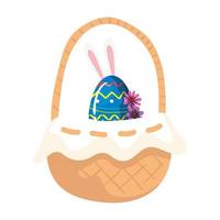 simpatico uovo pasquale con orecchie coniglio e fiori in cesto di vimini vettore