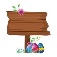 modo di segnale in legno con uova di Pasqua e fiori vettore