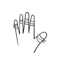 dito ferito disegnato a mano con l'icona della fasciatura, illustrazione del dito ferito ferito in stile scarabocchio vettore
