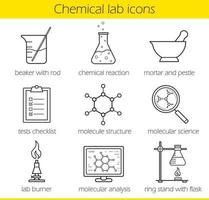 set di icone lineari di attrezzature di laboratorio chimico. becher con asta, reazione chimica e lista di controllo del test. struttura della molecola e bruciatore da laboratorio. strumenti di laboratorio di chimica. linea sottile. illustrazioni vettoriali isolate