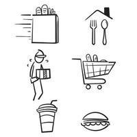 semplice set di icone di linea del vettore relative alla consegna del cibo. vettore di stile doodle disegnato a mano
