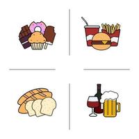 set di icone di colore alimentare. pasticceria, fast food, prodotti da forno e alcolici. illustrazioni vettoriali isolate