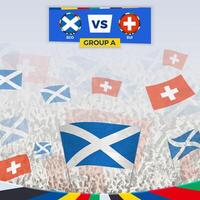 calcio fan applauso con bandiere per il incontro fra Scozia e Svizzera. sport illustrazione per calcio concorrenza nel Europa. vettore
