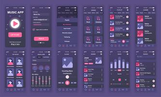 Set di UI, UX, schermate GUI Modello di app flat design musicale per applicazioni mobili, wireframe di siti Web reattivi. Kit UI di progettazione Web. Music Dashboard.
