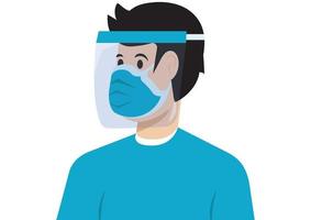 uomo che indossa una visiera e una maschera facciale per proteggerlo dal coronavirus. maschera visiera per la protezione personale. maschera, protezione per il viso vettore