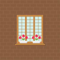 finestra e vaso di fiori sull&#39;illustrazione del muro di mattoni, progettazione piana vettore