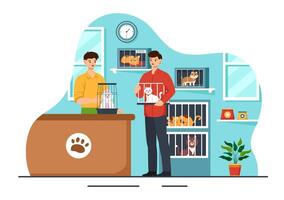 illustrazione di un animale adozione agenzia con adottare un' animale domestico a partire dal un animale riparo con gatti e cani nel il piatto cartone animato sfondo vettore