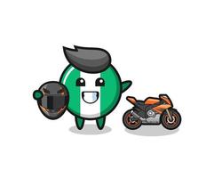 simpatico cartone animato bandiera nigeria come pilota di motociclette vettore