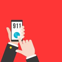 business mano che tiene telefono intelligente chiamando la polizia 911 dall&#39;applicazione, design piatto vettore