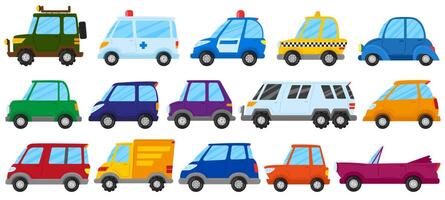 cartone animato bambini giocattolo macchine, carino giocare trasporto. bambini giocattolo macchina, camion, ambulanza e polizia auto illustrazione impostare. infantile colorato veicoli vettore