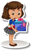 una ragazza che tiene in mano un grande personaggio dei cartoni animati di una scatola regalo vettore