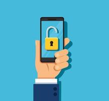 mano che tiene smartphone con chiave principale. concetto di sicurezza dello smartphone. vettore