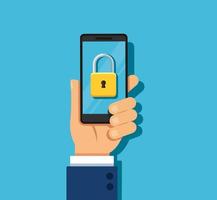 mano che tiene smartphone con chiave principale. concetto di sicurezza dello smartphone. vettore