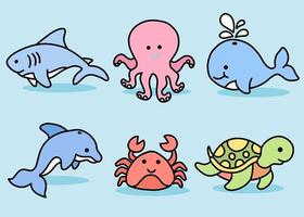 set simpatico animale pesce di mare oceano cartone animato pesce, squalo, granchio, tartaruga, pesce palla, calamaro, polpo, balena, delfino illustrazione della collezione di pesci vettore
