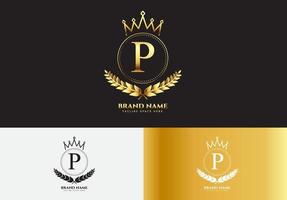 lettera p oro lusso corona logo concept vettore