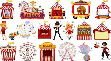 set di personaggi del circo ed elementi del parco di divertimenti vettore