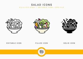 Le icone dell'insalata hanno messo l'illustrazione di vettore con lo stile della linea dell'icona solido. concetto di ingredienti vegani sani. icona del tratto modificabile su sfondo bianco isolato per il web design, l'interfaccia utente e l'app mobile