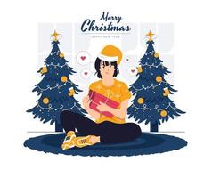 la ragazza felice si siede e tiene il regalo, presente celebra il concetto del nuovo anno di natale illustrazione vettore