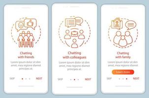 tempo online onboarding schermata della pagina dell'app mobile con concetti lineari. amici, familiari, colleghi in chat passaggi procedurali istruzioni grafiche. ux, ui, gui modello vettoriale con illustrazioni